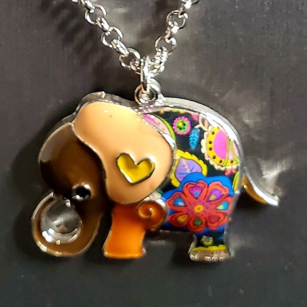 Handpainted Enamel Elephant Necklace - Tan Ears, B